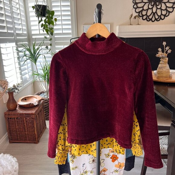 Zara Sweater Womens Size Medium Burgundy Soft Velour Corduroy Like Mock Neck - Picture 14 of 14